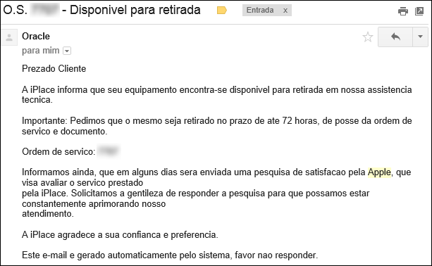 Ordem serviço iphone apple - reparo ok pronto para retirada