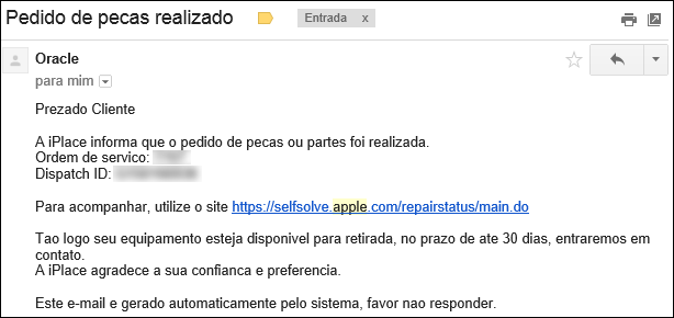 Pedido de Peças realizado - reparo iphone apple