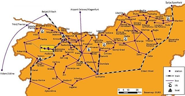 Eslovênia - mapa das rotas de onibus e trens