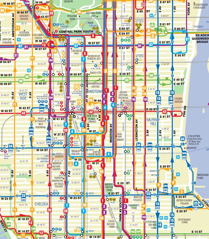 Mapa da rede de ônibus em Nova York (Manhatan)