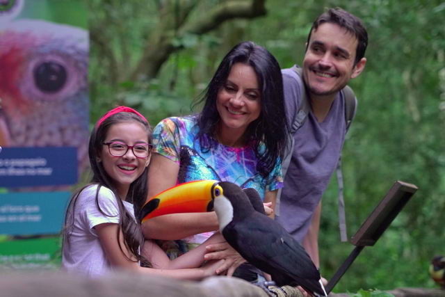 Família observando tucano no Parque das Aves