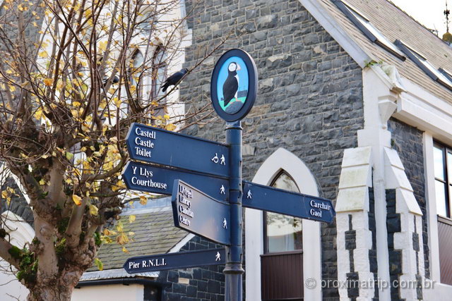 O que fazer em Beaumaris: as placas da cidade mostram os puffins, aves comuns na região O que fazer em Beaumaris: as placas da cidade mostram os puffins, aves comuns na região