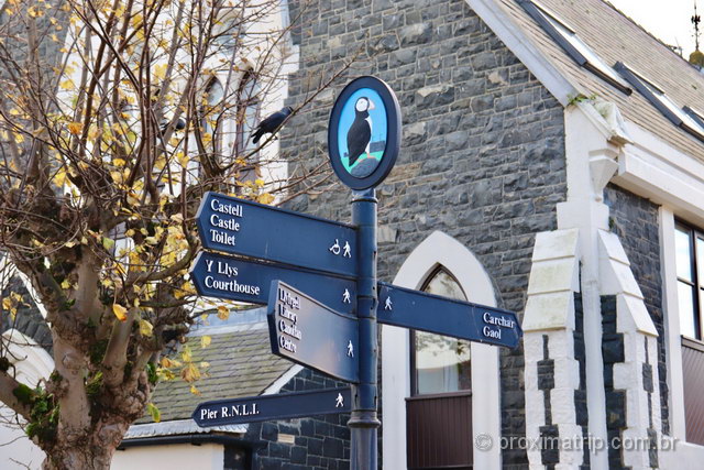 O que fazer em Beaumaris: as placas da cidade mostram os puffins, aves comuns na região