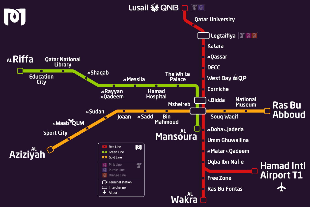 Mapa linha verde vermelha ouro metrô Doha